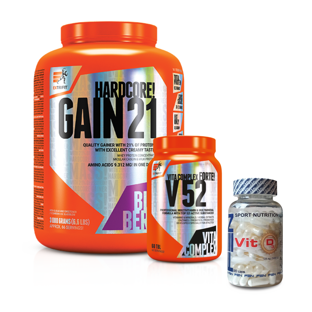 Extrifit Hardcore 21 + FEN Vit D + Extrifit V52 Rinkinys masės auginimui su vitaminų kompleksais.