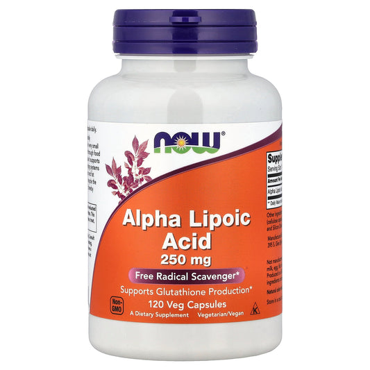 NOW Foods Alpha Lipoic Acid 250 mg antioksidantų kapsulės, 120 vienetų, natūrali sveikata ir energija.